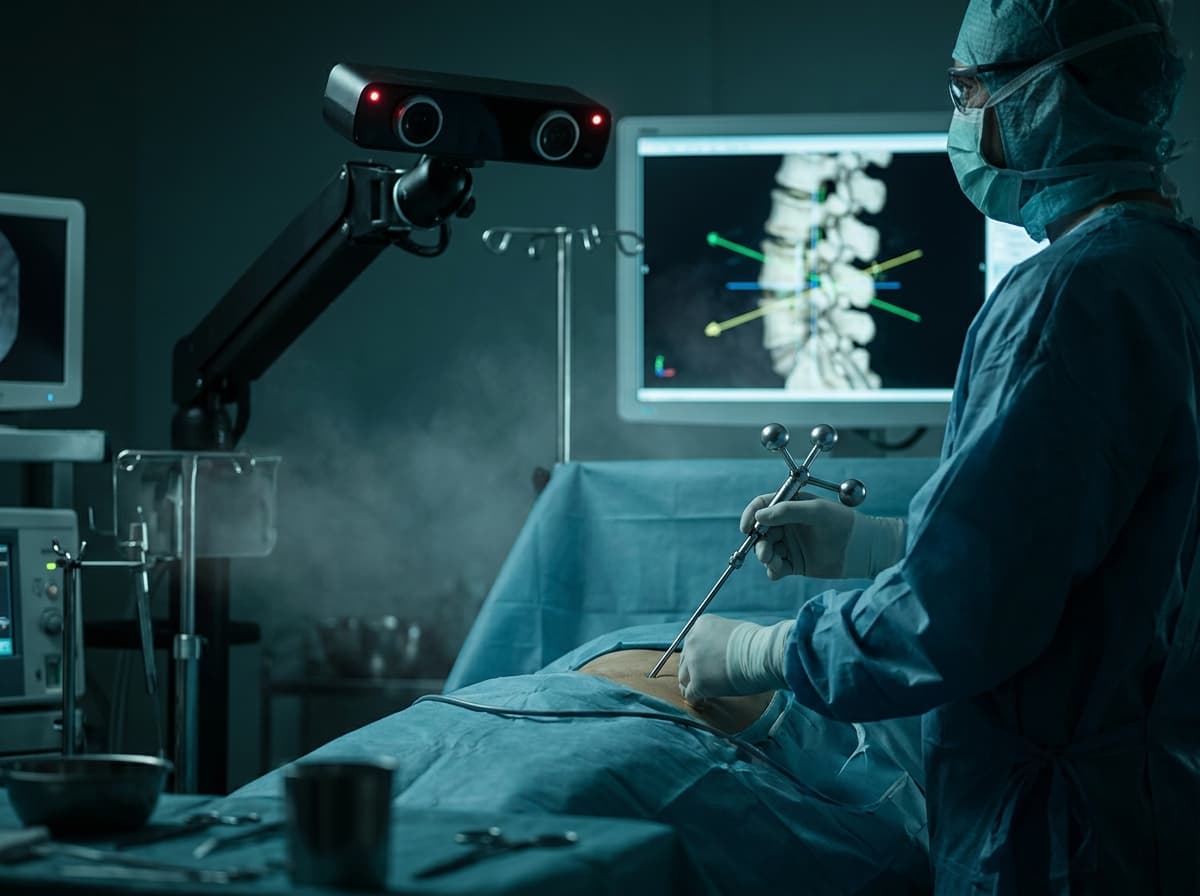 Image-guided navigation in the operating room: a tracked instrument held over the surgical field while a navigation camera and monitor follow its position.