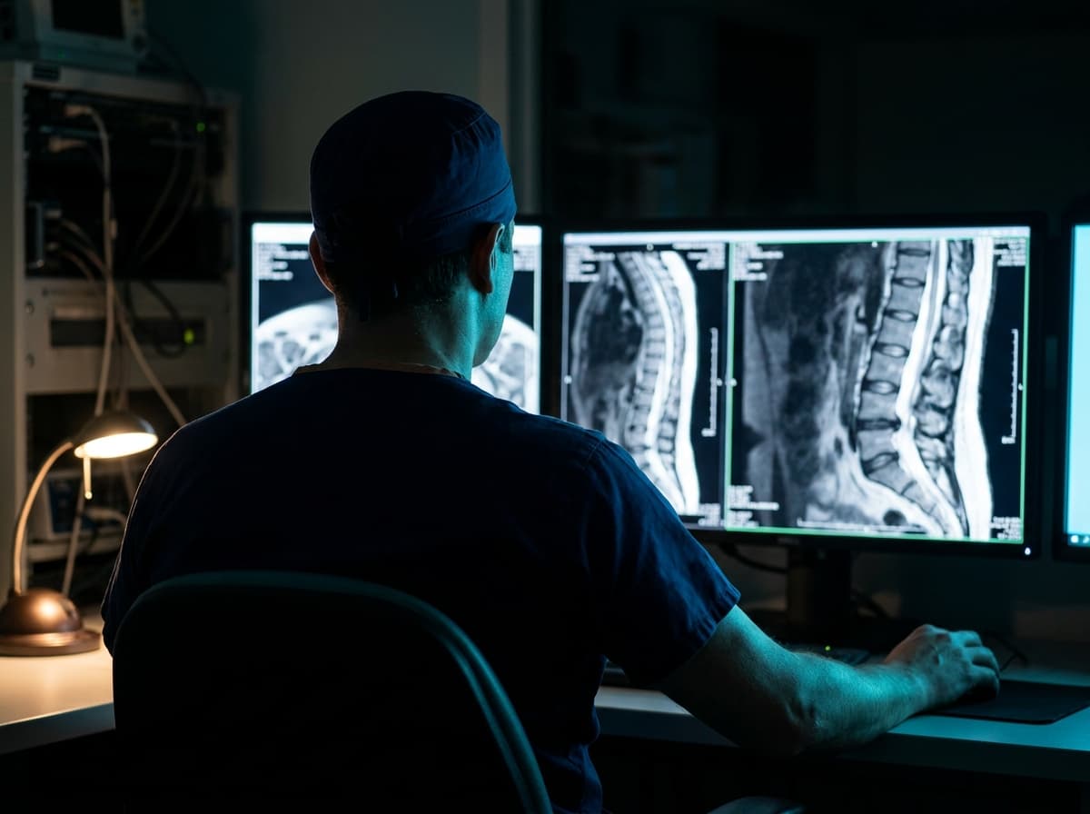 Spine surgeon reviewing lumbar MRI studies side by side in a darkened reading room