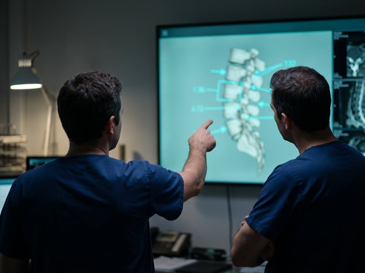 Two surgeons reviewing a spine model with measurement overlays on a planning display.